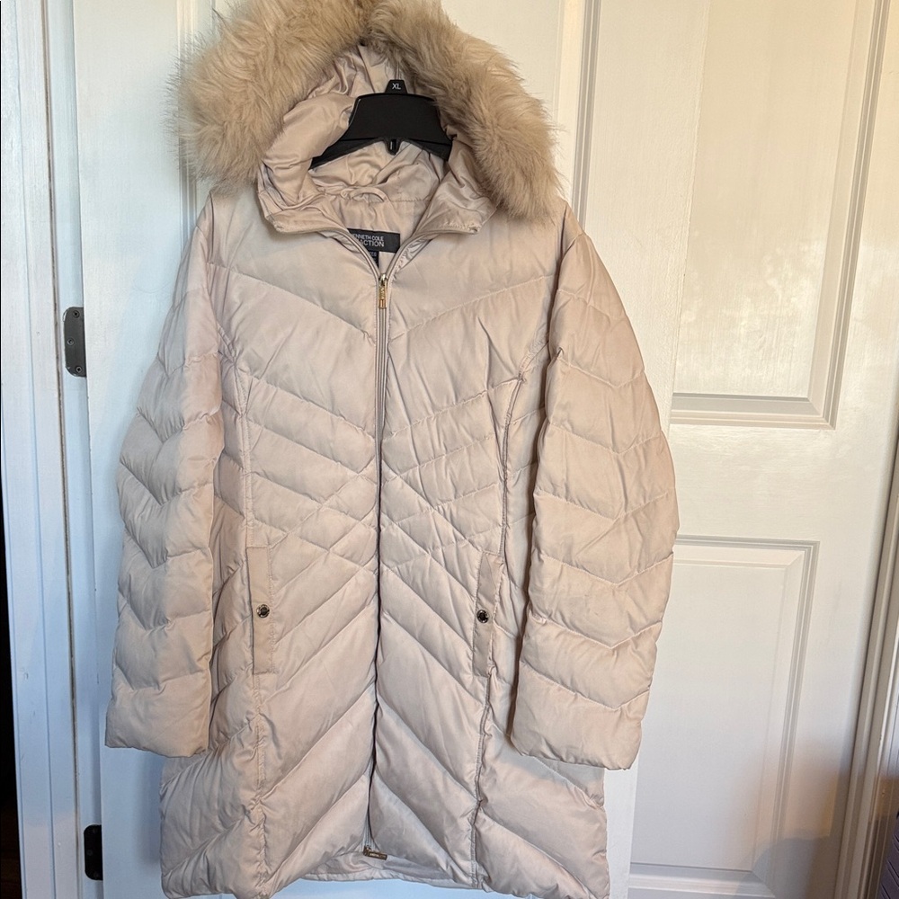 Kenneth Cole Beige Puffer Jacket with Faux Fur Hood